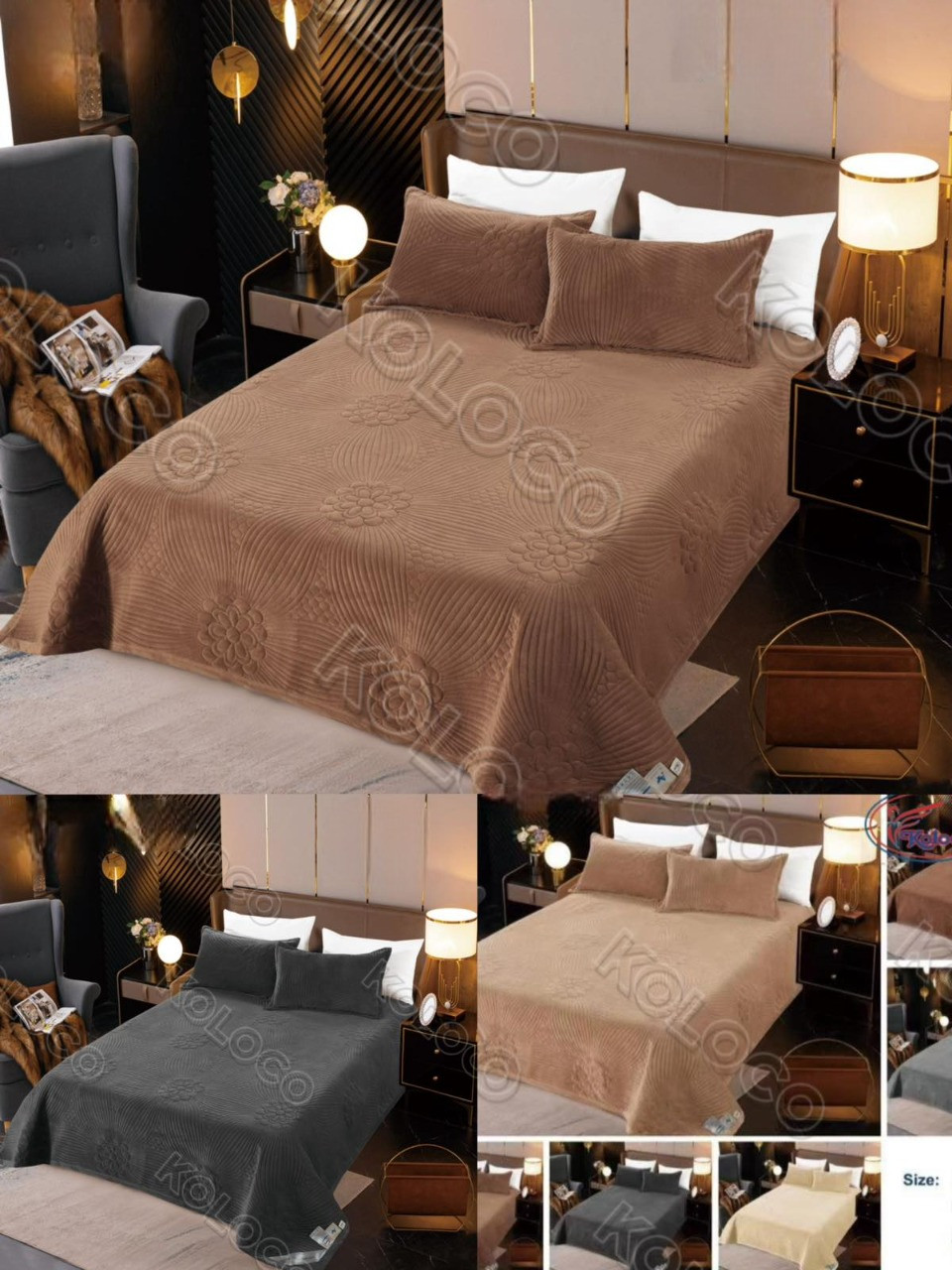 Покривало велюрове стьобане Євро KOLOCO 220 х 240 см + 2 наволочки (40229) Світло-бежевий