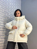 Куртка жіноча Lady Yep 9013 пуффер подовжена накладені кишені з капюшоном молочна, молочний, 46