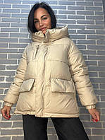 Куртка жіноча Lady Yep 9013 пуффер подовжена накладені кишені з капюшоном бежева, бежевий, 46