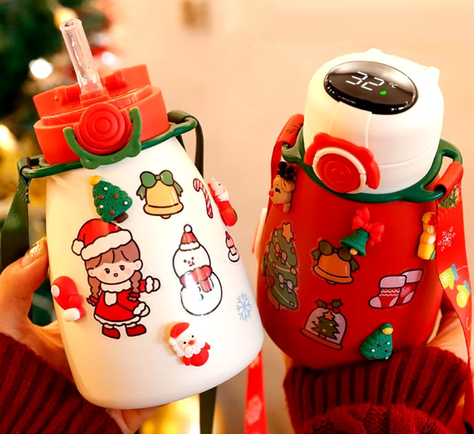 Дитячий новорічний термос з трубочкою і наліпками (450 мл)