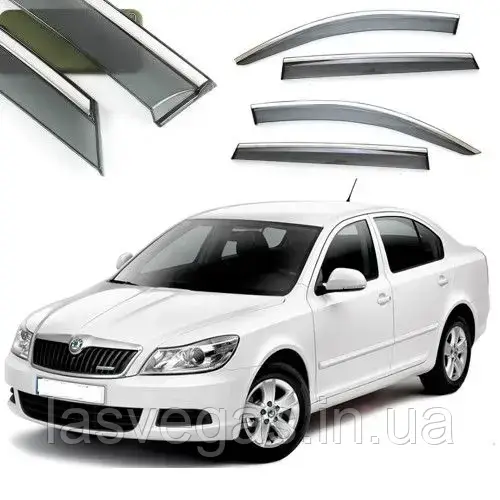 Дефлектори вікон з хром молдингом, вітровики Skoda Octavia A5 2004- (нерж смуга), фото 1