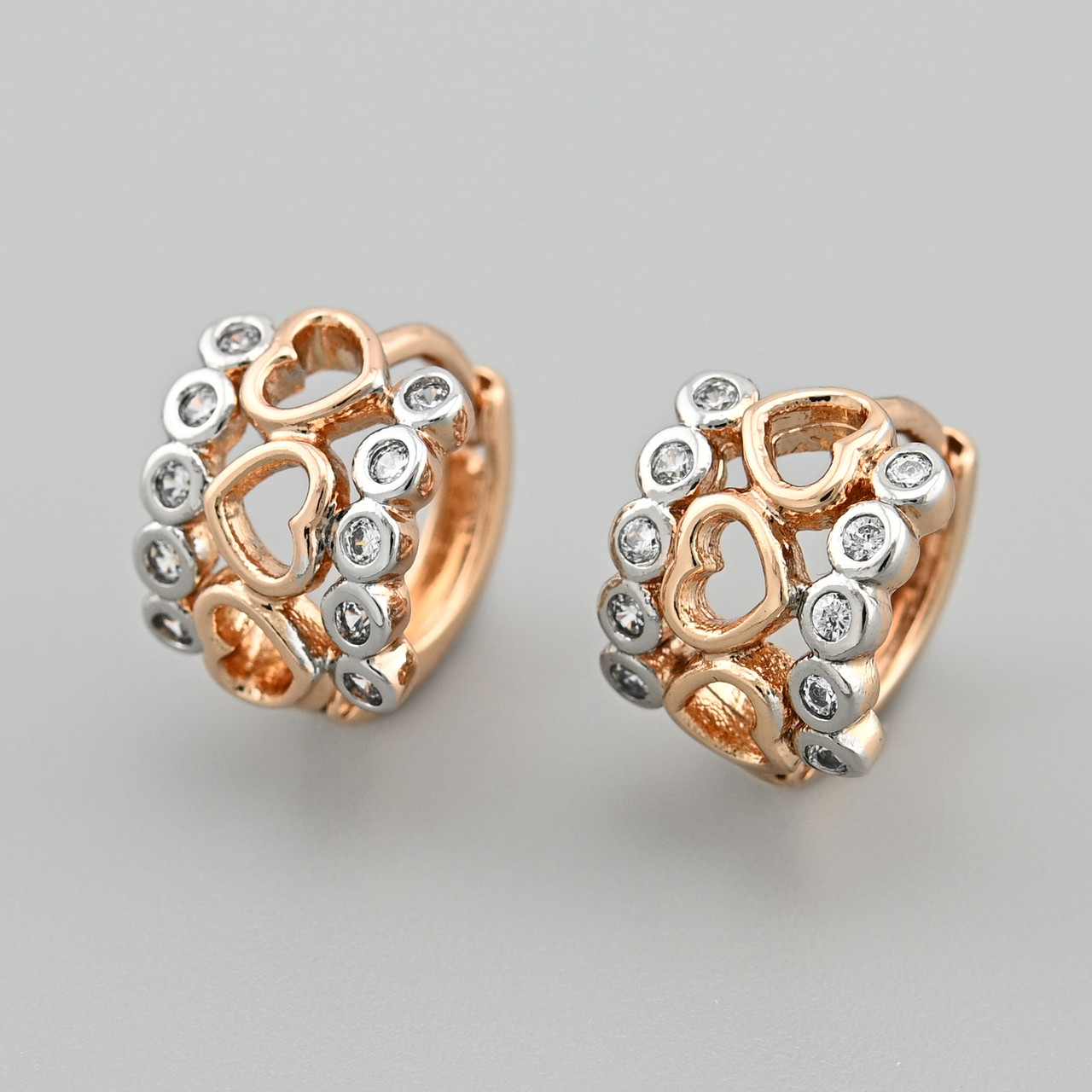 Сережки Серце з родіюванням 48013 розмір 11х8 мм білі фіаніти вага 1.7 г позолота 18К, фото 1