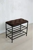 М'яка банкетка з відкритими полицями для взуття 60 см коричнева, Пуф з взуттєвою полицею в передпокій для відвідувачів