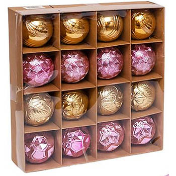 Набір іграшок на ялинку 16 штук у вигляді кульки D 6 см Рожевий та Золотистий 2461J в упаковці 16 шт