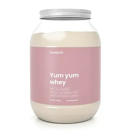 Cироватковий протеїн з L-карнітином GymBeam Yum Yum Whey 1000 г (caramel bisquit), фото 1