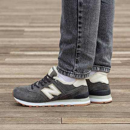 Зимові Кросівки New Balance 574 Winter Suede Dark Grey / Нью Белaнс 574 Суейд Темно Сірі з Бежевим (Хутро), фото 1