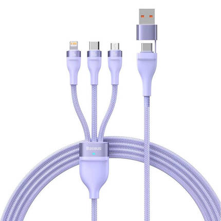 Кабель Baseus Flash Series Ⅱ 3-in-2 Cable USB+Type-C to MicroUSB+Lightning+Type-C 100W 1.2m CASS030105 Purple, фото 1