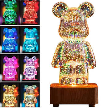 3D нічник Ведмедик Феєрверк, 8 кольорів, від USB, 20 см / RGB світильник скляний ведмедик / Дитячий нічник
