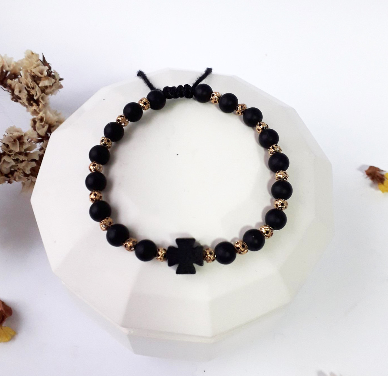 Темний Браслет із дерев'яними бусинами в поєднанні із металевими (Афон), фото 1