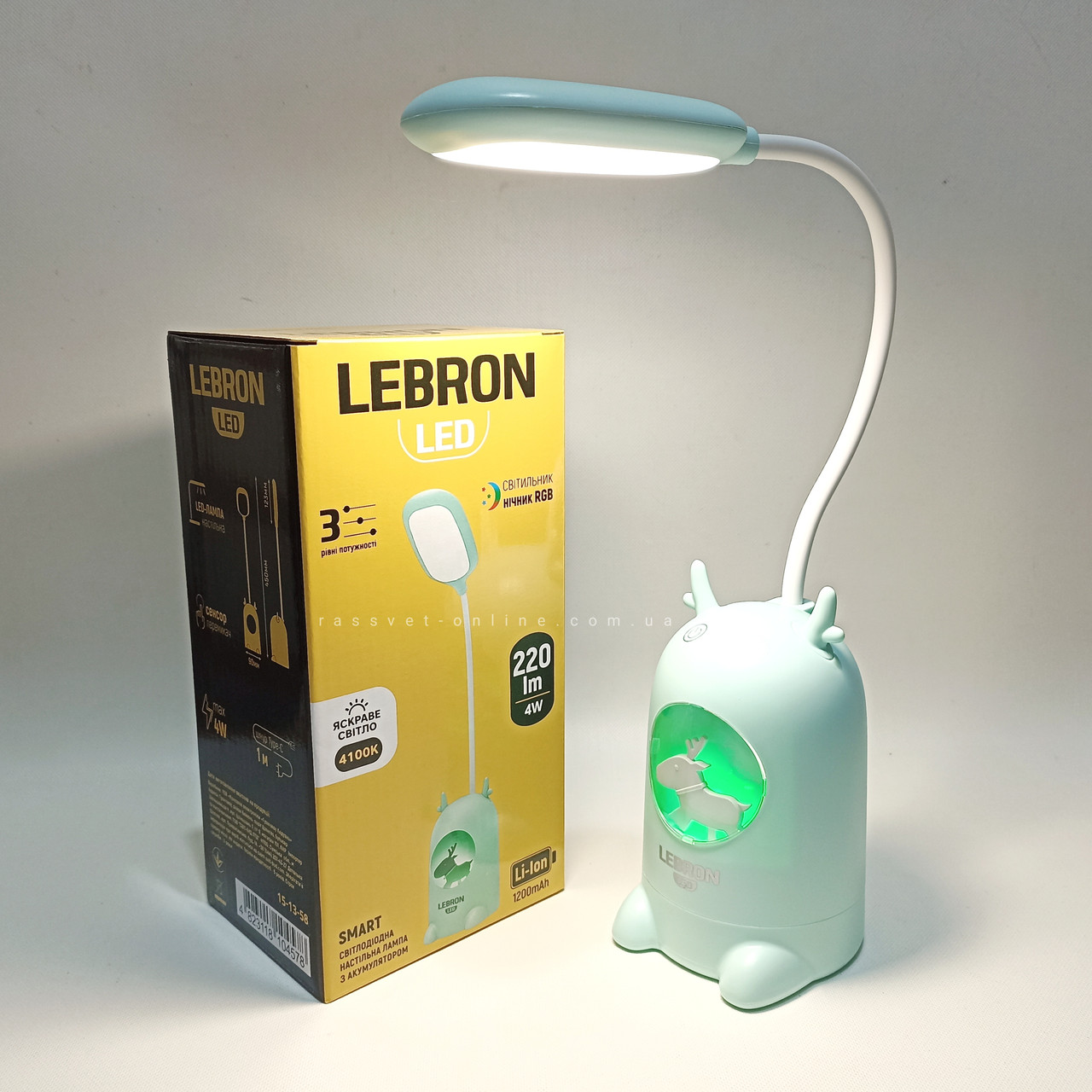 Настільна LED лампа з акумулятором Lebron 15-13-58 USB 4W "оленятко" з RGB нічником 220Lm 4100K 1200mAh L-TL-L-58 зелена