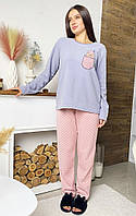 Жіноча флісова піжама кофта та штани тепла в горошок персикова 44-58 р.