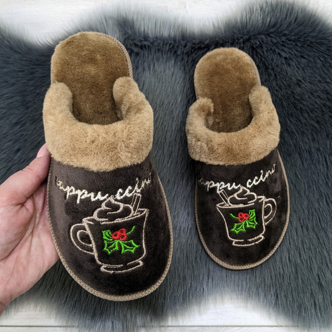 Тапочки жіночі Белста велюрові із закритим носком та хутряною устілкою коричневі 4634, фото 1