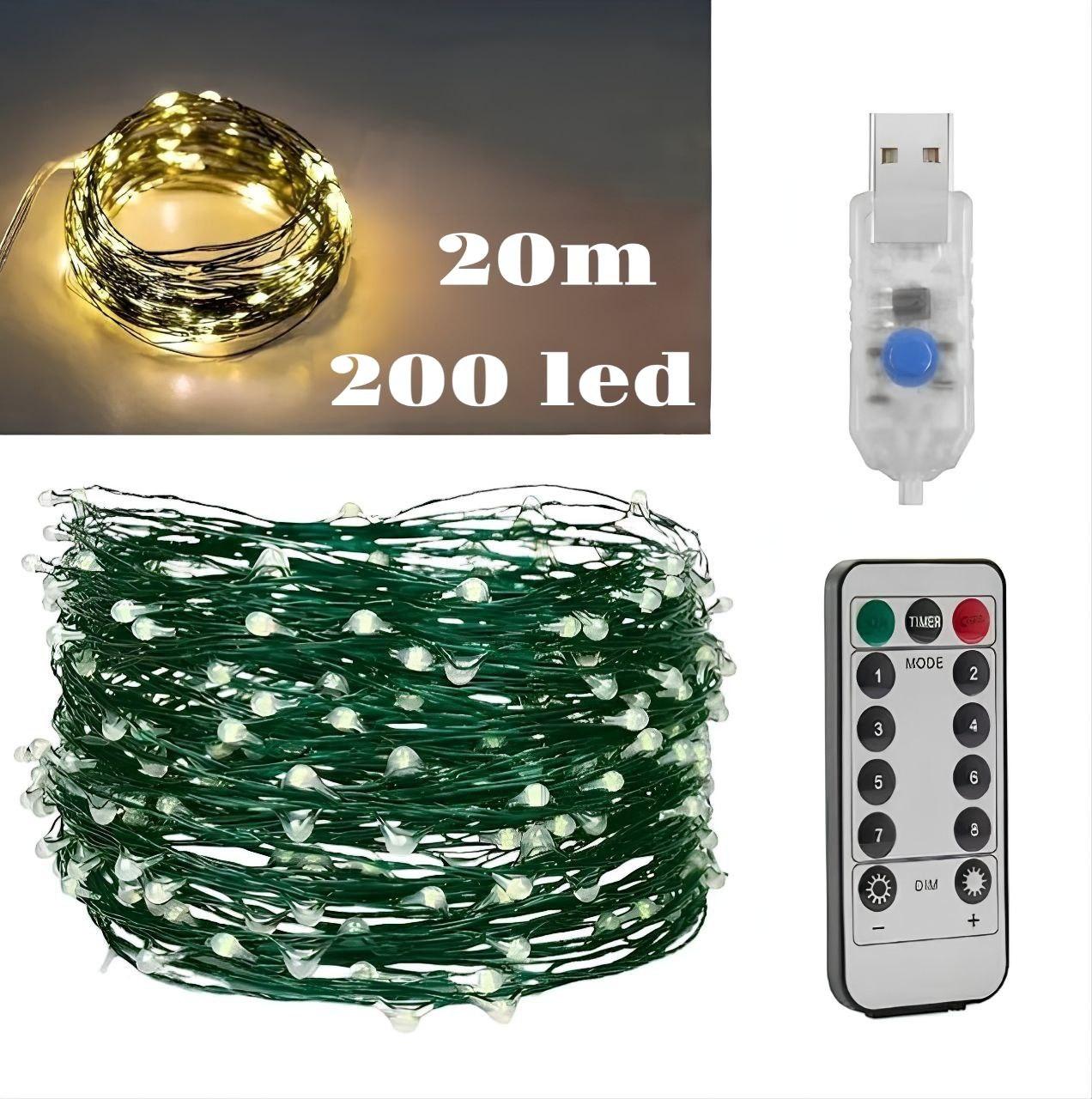 Гірлянда Роса USB, 20 метрів, 200 LED на зеленому дроті з пультом, світлодіодна гірлянда для ялинки