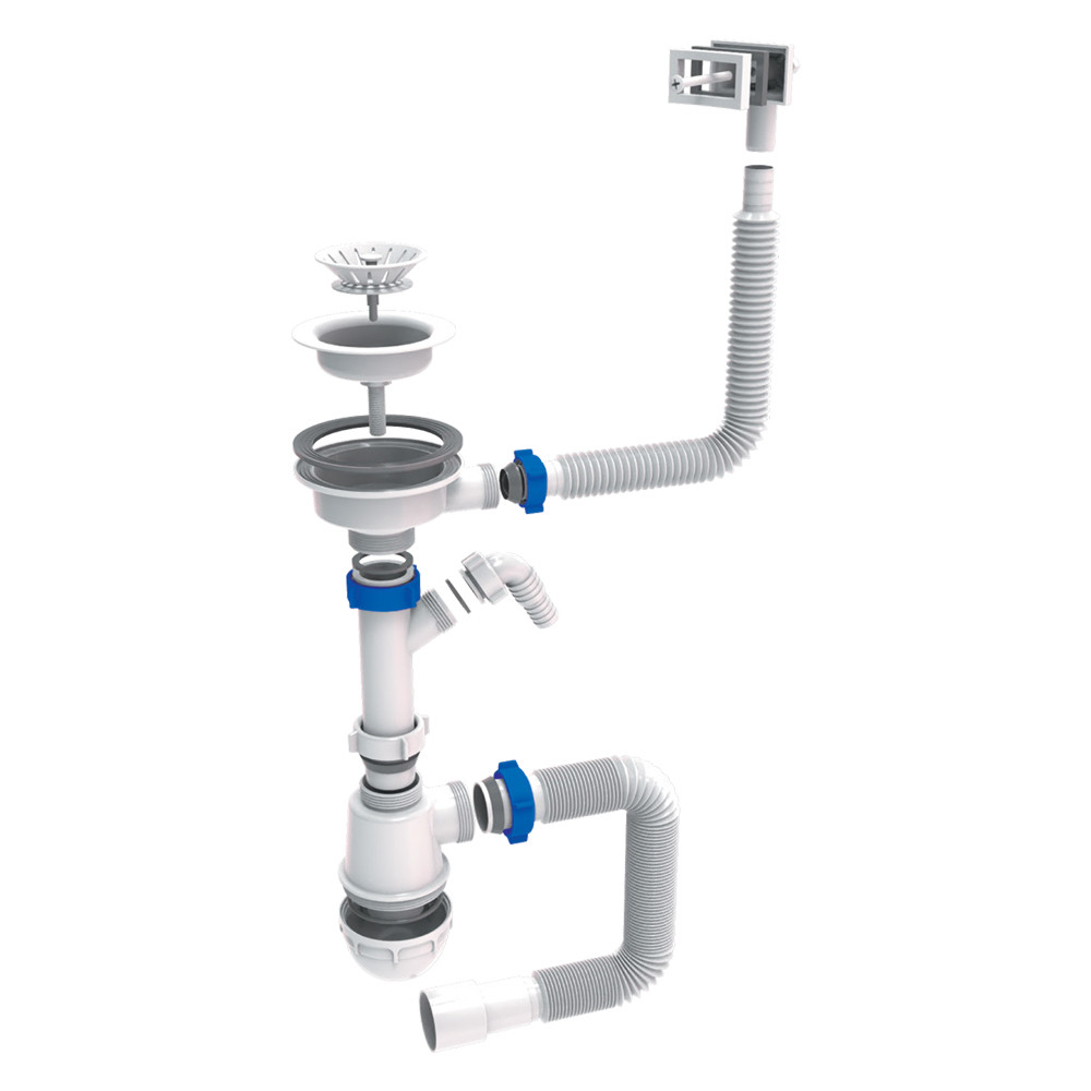 Сифон для кухонної мийки з пластиковим випуском 31⁄2" виведенням під прання. машину квадратним переливом і гнучкою