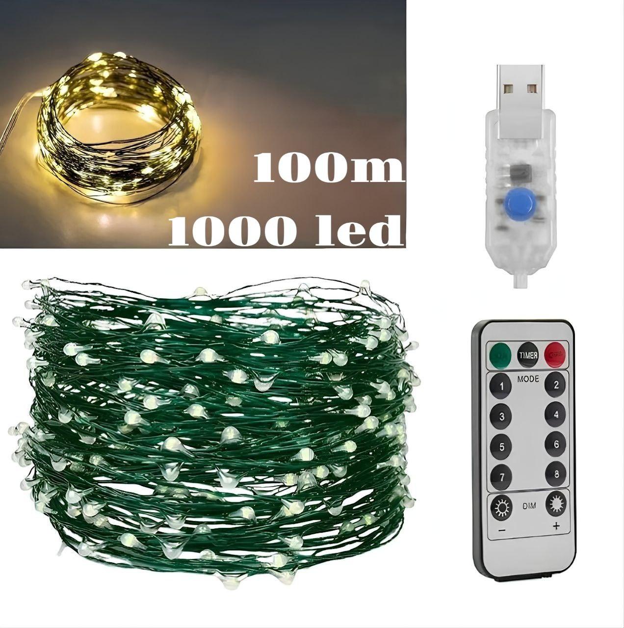 Гірлянда Роса USB, 100 метрів, 1000 LED на зеленому дроті з пультом, світлодіодна гірлянда для ялинки