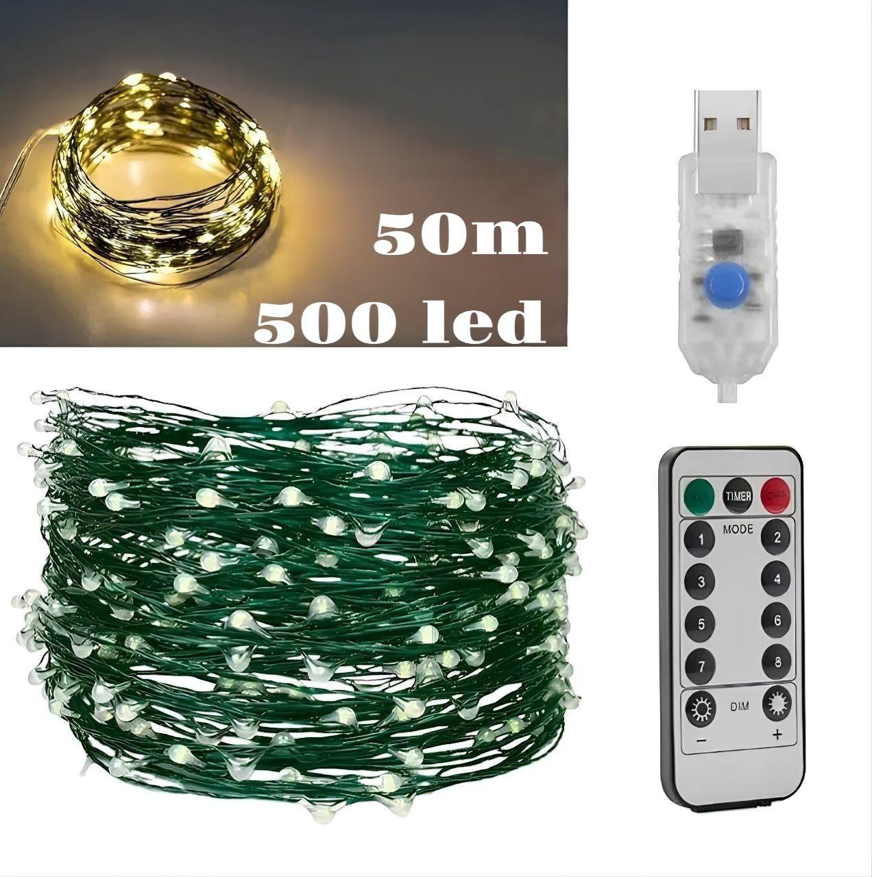 Гірлянда Роса USB, 50 метрів, 500 LED на зеленому дроті з пультом, світлодіодна гірлянда для ялинки