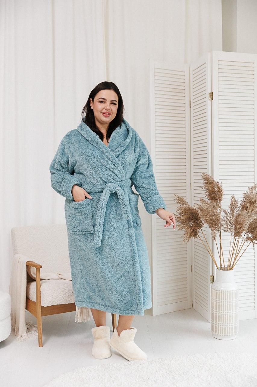 Теплий жіночий халат на запах з капюшоном ментолового кольору, фото 1