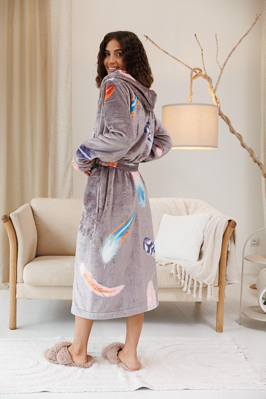Махровий теплий жіночій халат з капюшоном кольору капучино Пава 54, фото 1