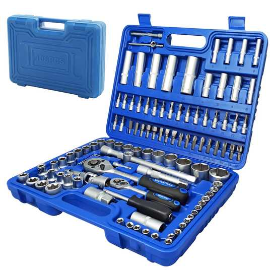 Великий набір інструментів на 108 предметів з тріскачкою у пластиковому кейсі, фото 1