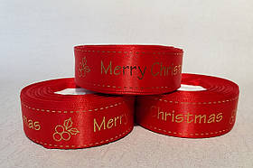 Стрічка атласна новорічна 2,5 см Merry Christmas_чорвона