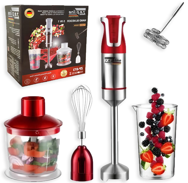 Блендер ручний Zepline 1500 Вт 5в1 занурювальний червоний, фото 1