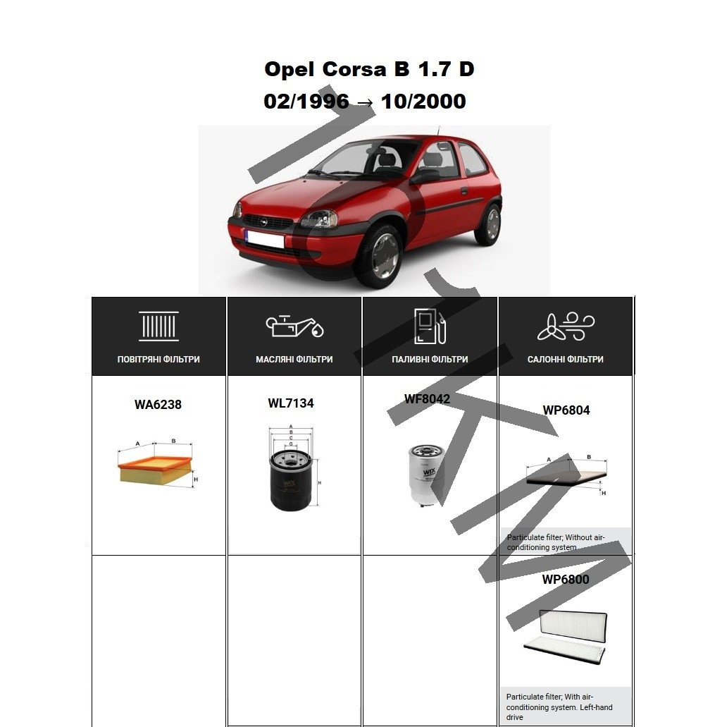 Комплект фільтрів Opel Corsa B 1.7 D (1996-2000) WIX, фото 1