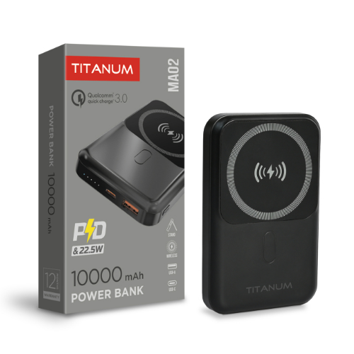 Павербанк 10000 mAh Titanum TPB-MA02 Black 22,5W QC+PD + БЗП чорний