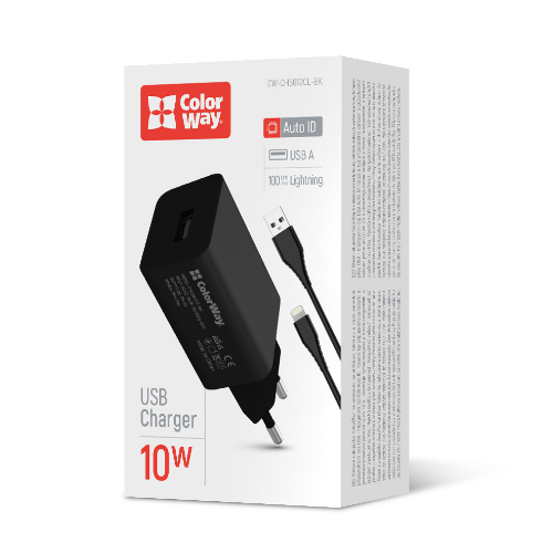 Зарядний пристрій мережевий USB + кабель Lightning 2,0A 10W чорний ColorWay CW-CHS012CL-BK, фото 1