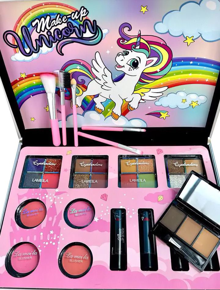 Косметичка бокс Набір 18 предметів 4 Помади Палетка тіней рум'яна Контуринг щіточки Валіза дівчинці для макіяжу, фото 1