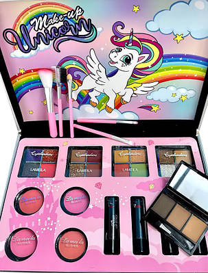 Косметичка бокс Набір 18 предметів 4 Помади Палетка тіней рум'яна Контуринг щіточки Валіза дівчинці для макіяжу