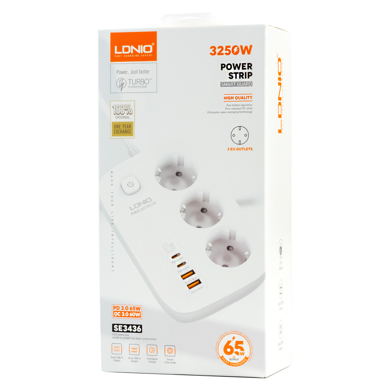 Подовжувач мережевий LDNIO SE3436 65W PD Gan 3 розетки+2 Ports USB+2 Ports Type C