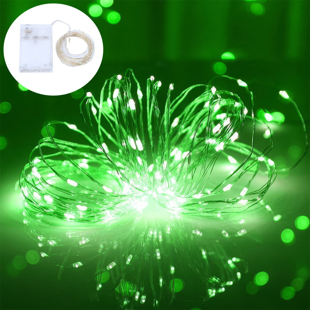 Новорічна LED гірлянда-роса на батарейках з прозорим проводом Copper Wire 200G-1 Battery Зелений 10м, фото 1