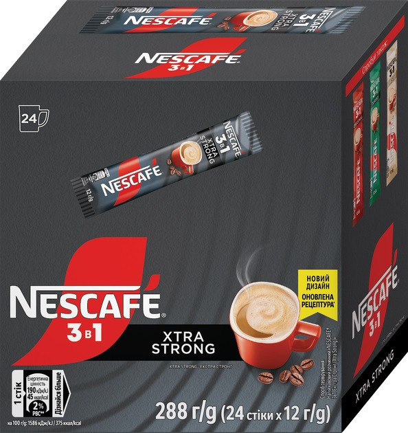 Nescafe 3 в 1 Екстра Стронг в новому дизайні 24 стіки в картонній упаковці