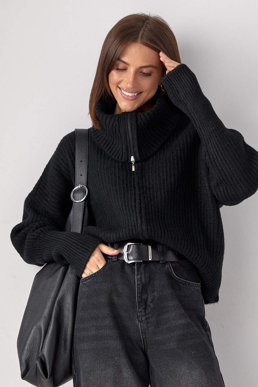 Светр жіночий на блискавці з високим коміром — чорний колір, ONE SIZE (є розміри), фото 1
