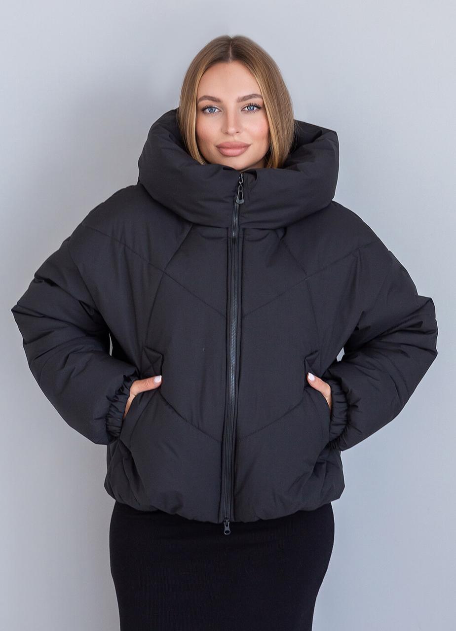Жіноча зимова оверсайз куртка чорного кольору з капюшоном, фото 1