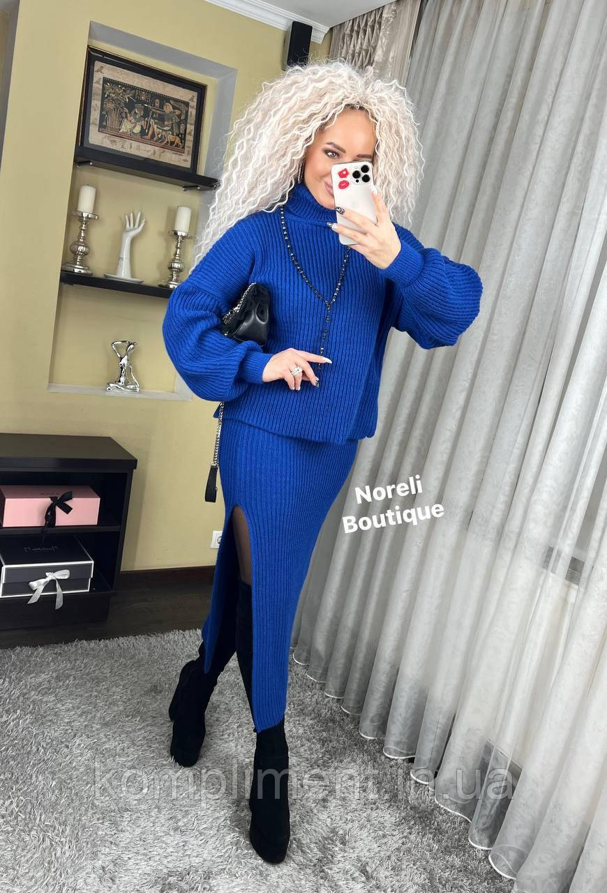 Модный вязаный теплый женский костюм "Снижанна", электрик, фото 1