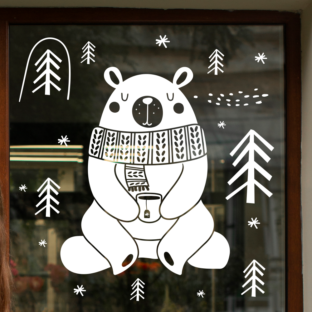 Набір новорічних наклейок Білий ведмідь з чашкою ялинки сніжинки Happy Pocket Набір S матовий Білий, фото 1