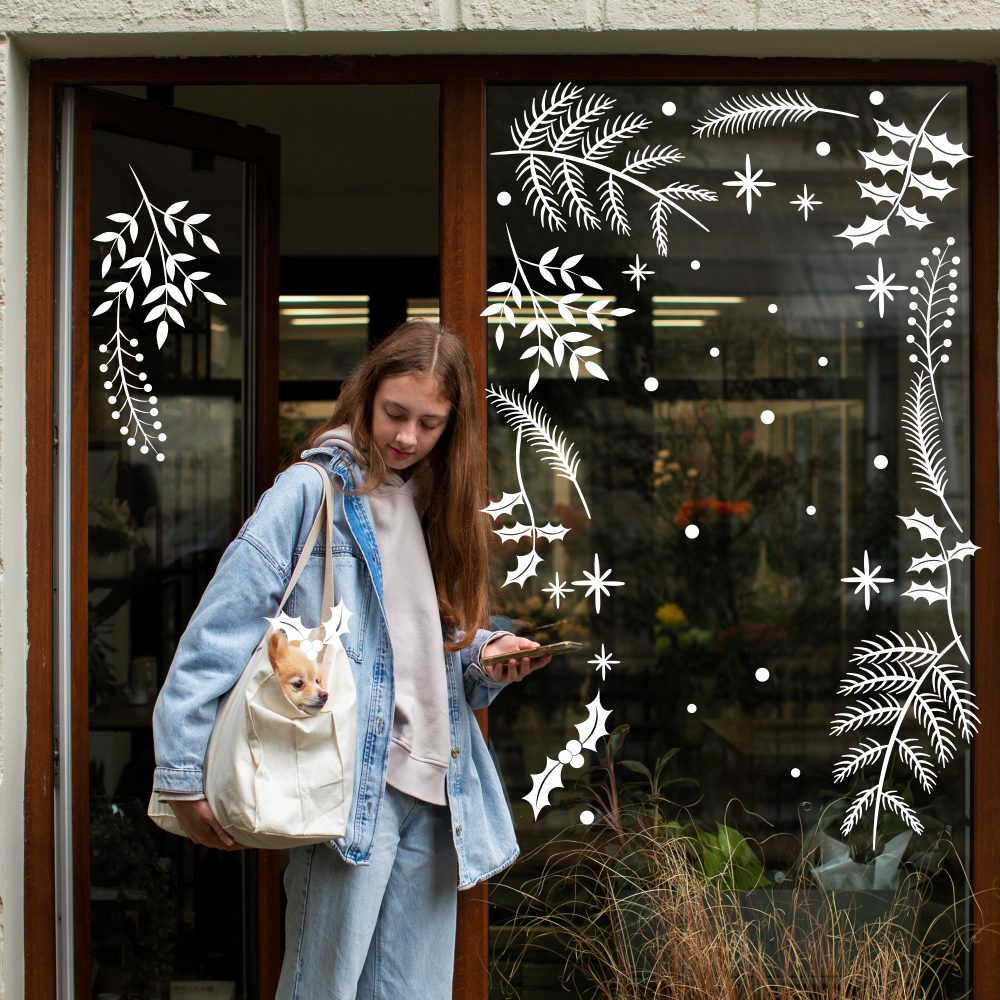 Новорічні наклейки для вікон Зимові гілки листя сніжинки Happy Pocket Лист 97х25 см Набір 14 шт матовий, фото 1