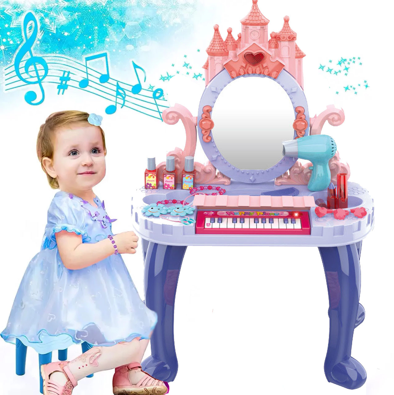 Казковий дитячий ігровий набір дівчинці 29 предметів Трюмо Туалетний столик Знімне піаніно Аксесуари Мелодії, фото 1