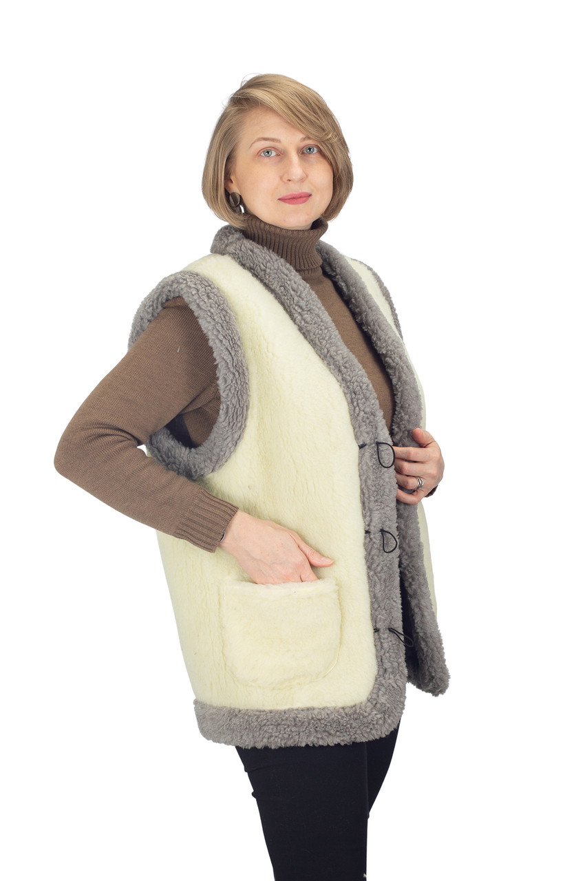Жилетка жіноча тепла двостороння з овчини бежева з сірим S-6XL 5XL