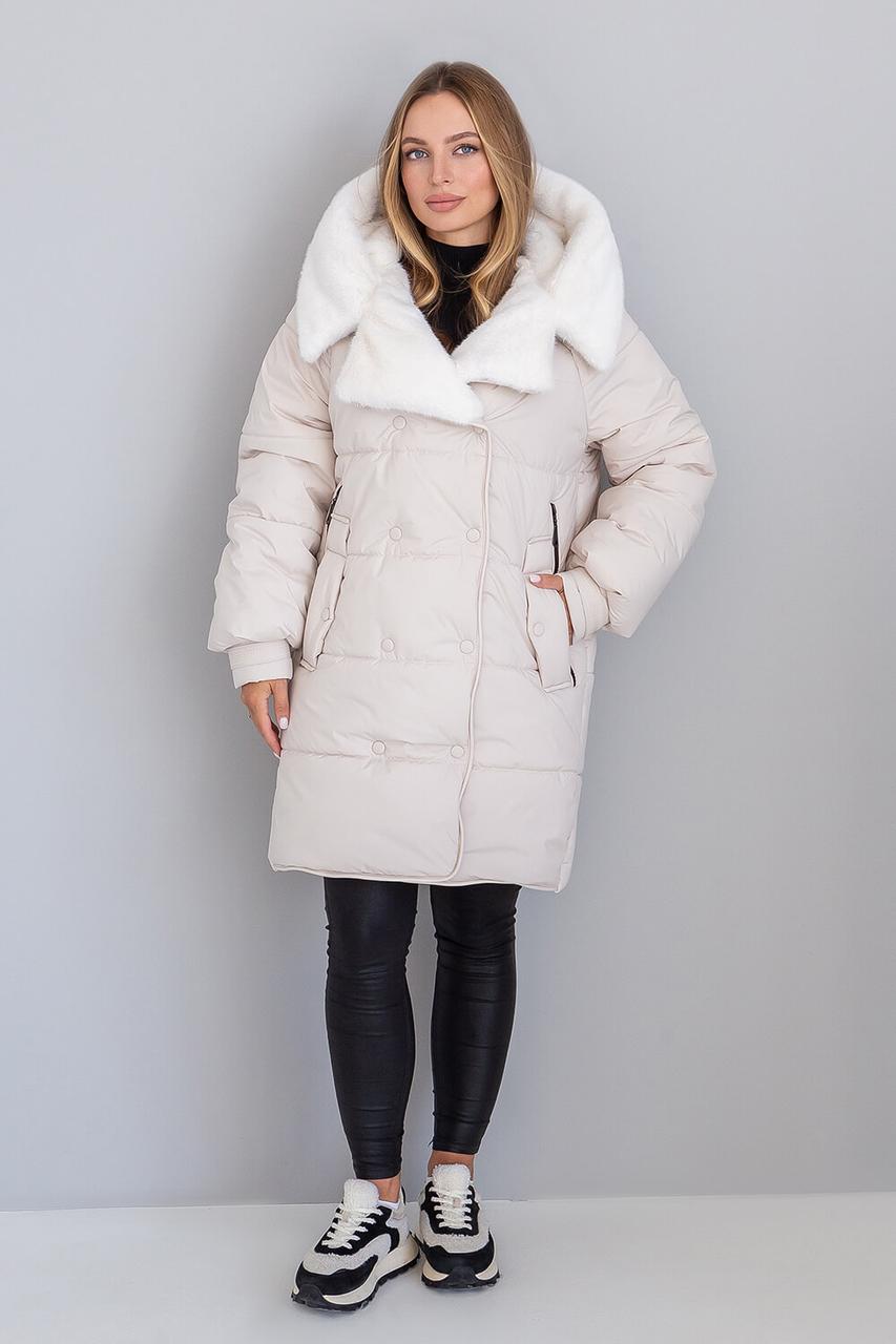 Гарний теплий жіночий зимовий пуховик з хутряним капюшоном, фото 1