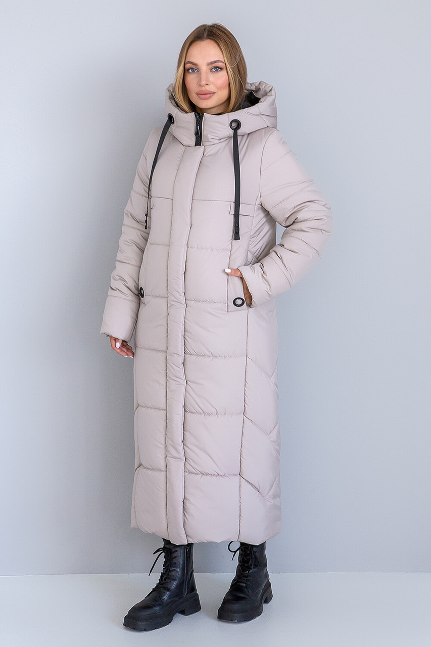 Шикарне фірмове жіноче зимове пальто з капюшоном, жіночий довгий пуховик для пишних форм, фото 1