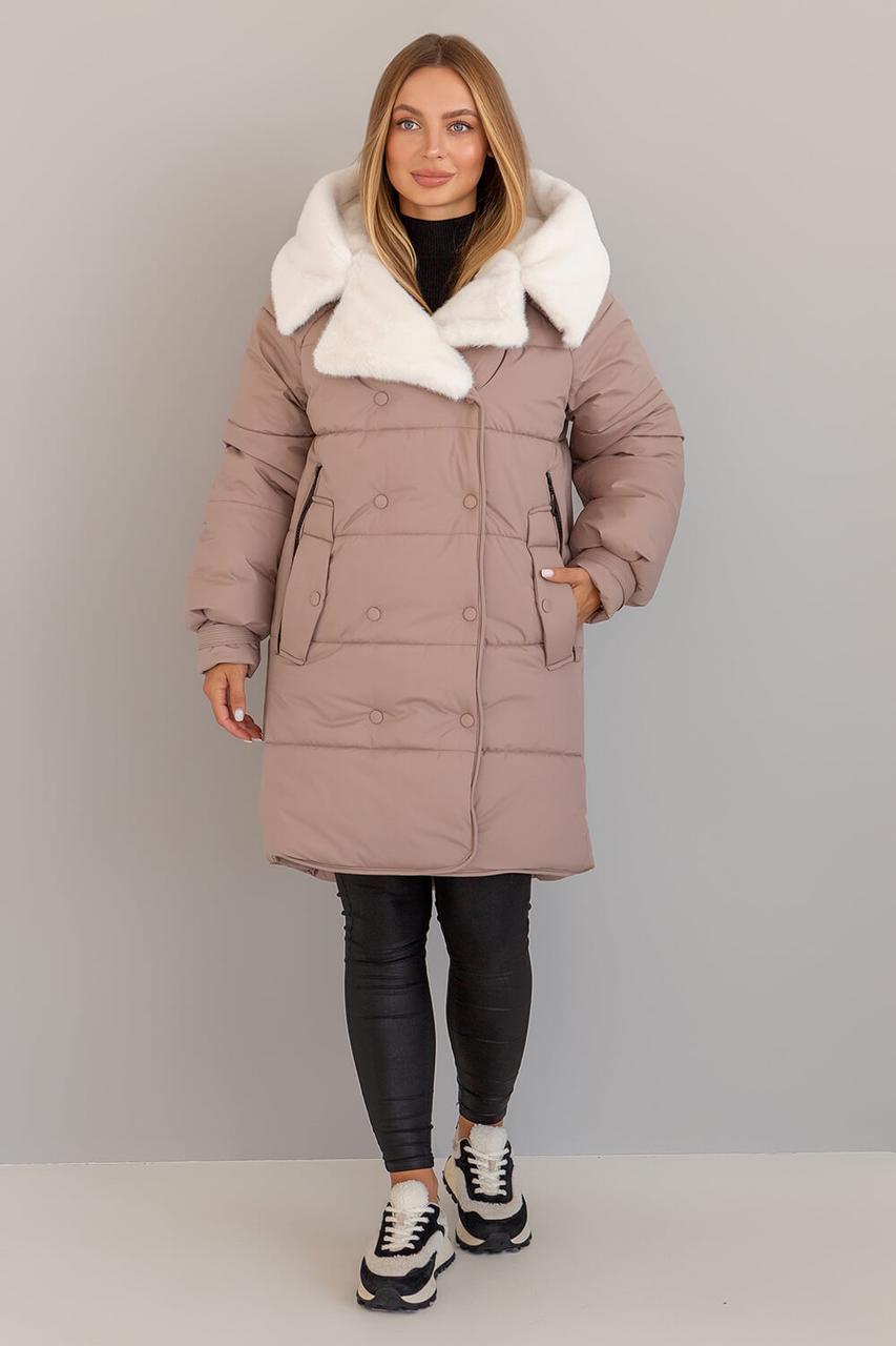 Трендовий зручний жіночий зимовий пуховик з хутряним капюшоном, фото 1