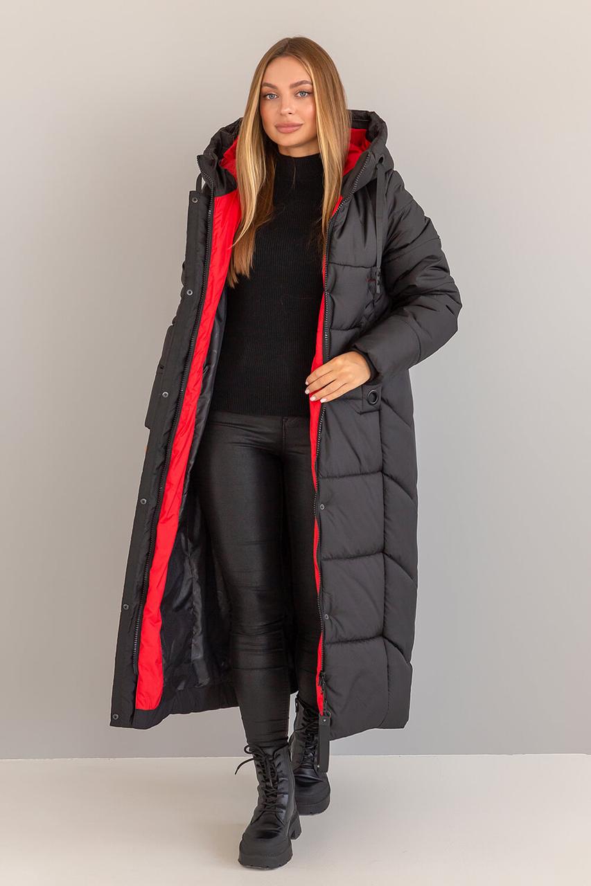 Елегантне чорне жіноче зимове пальто з капюшоном, жіночий довгий пуховик чорного кольору, фото 1