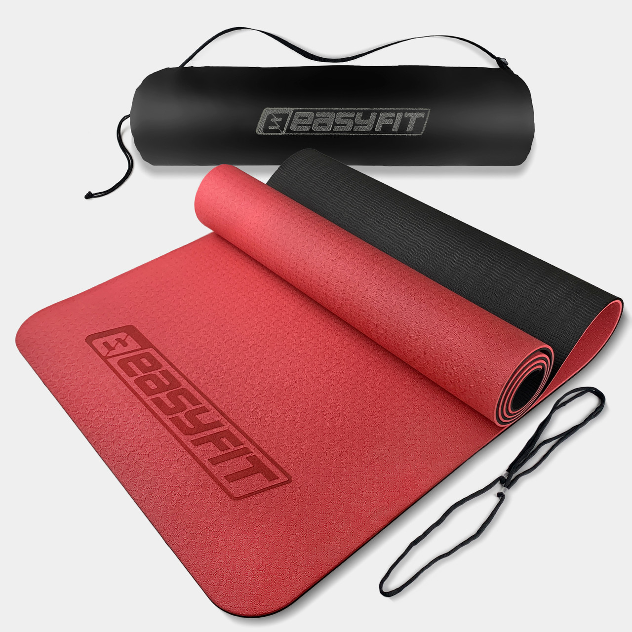 Килимок для йоги та фітнеса EasyFit TPE+TC 6мм двошаровий + Чохол червоний з блакитним червоний із чорним, фото 1