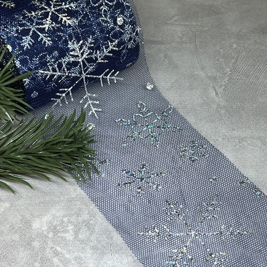 Фатин "Сніжинка", ширина 6 см, темно-синій - срібло, метр, Темно-синій, фото 1