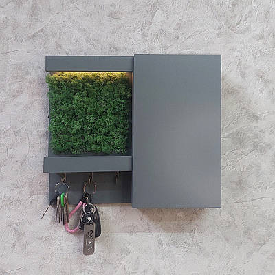 Настінна ключниця з додатковою шафкою і LED-підсвіткою. Колір Графіт. 30х35 см.