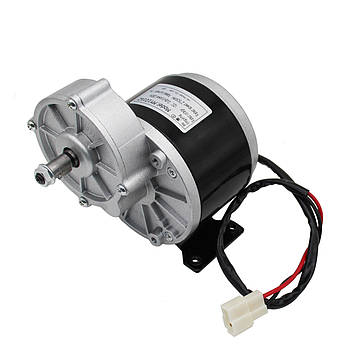 Електричний колекторний двигун з редуктором MY1016Z, електродвигун 24V 250W з ніжками, довгий вал + роз'єм, фото 1