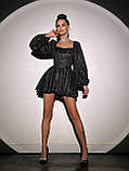 Жіноча вечірня блискуча корсетна сукня міні з пишною спідницею та об'ємними рукавами, фото 4