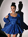 Жіноча вечірня блискуча корсетна сукня міні з пишною спідницею та об'ємними рукавами, фото 8